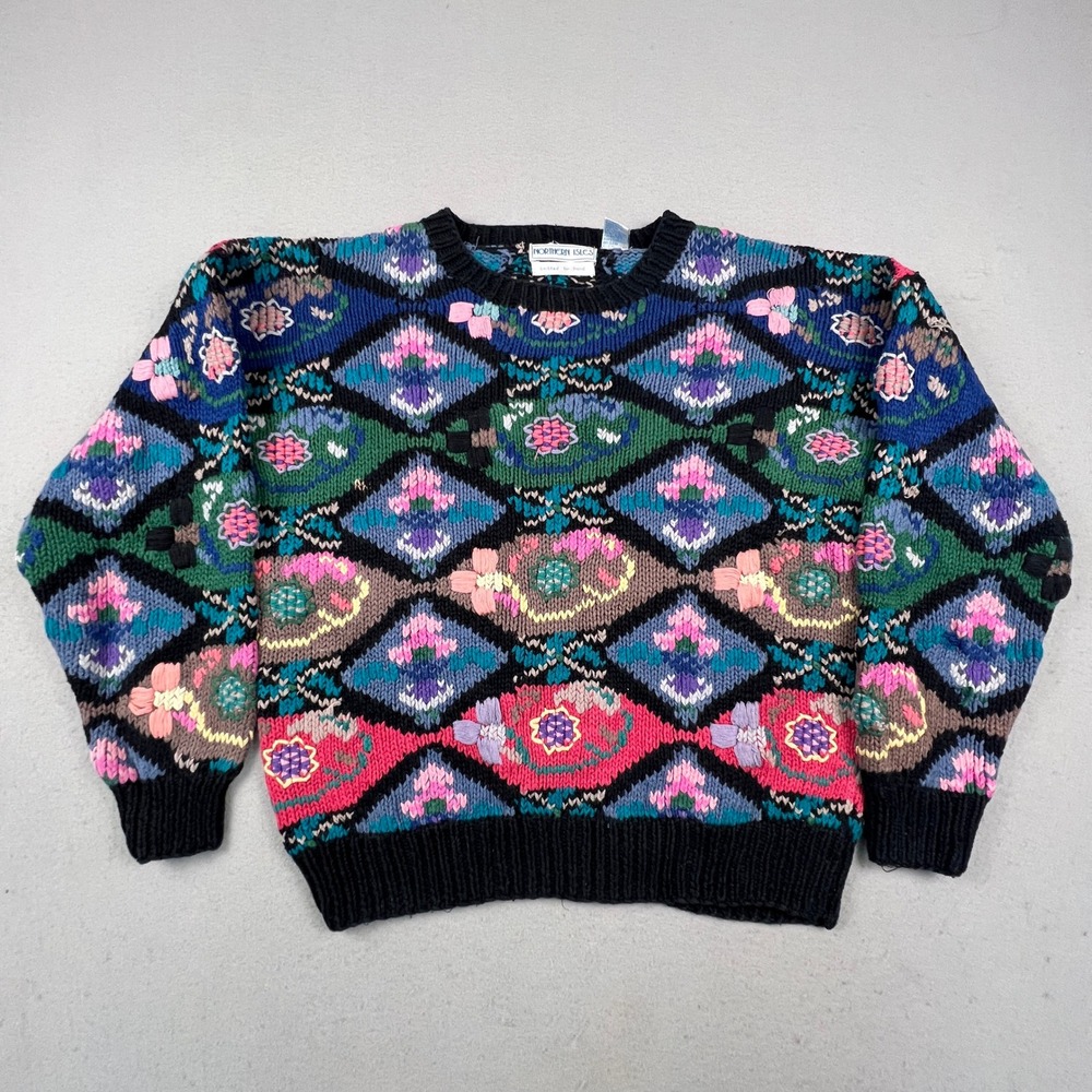 Northern Isles Sweater Womens Small Multi Diamond Floral Hand Knit Vintage 90s